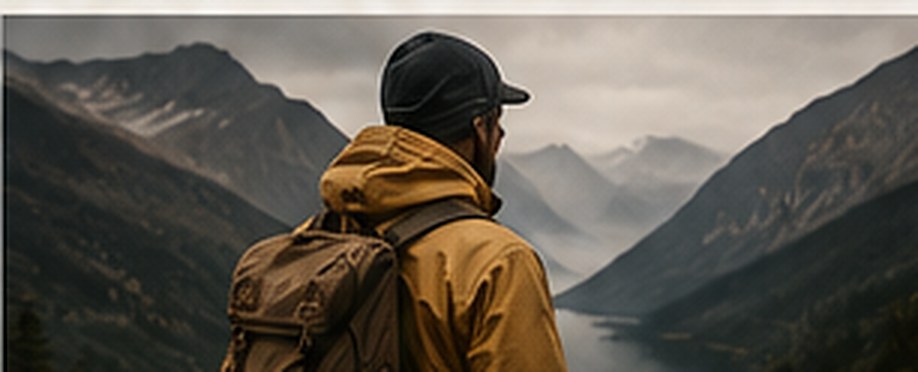 A hiker above an alpine lake on an overcast morning.